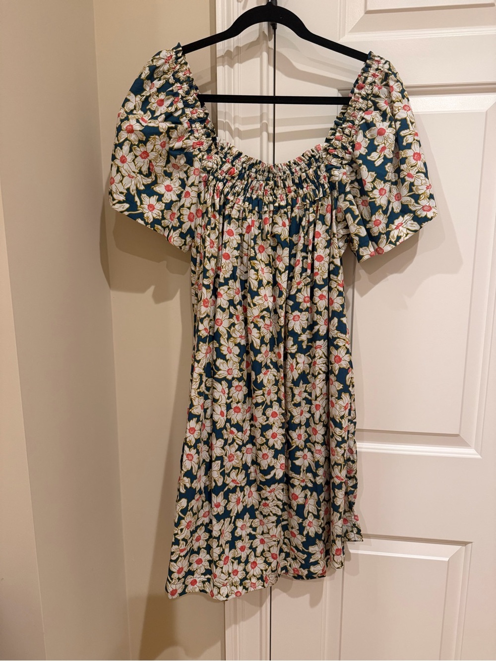 Piyama Floral Off-Shoulder Smocked Mini Dress - Green, Cream & Pink Medium/Large